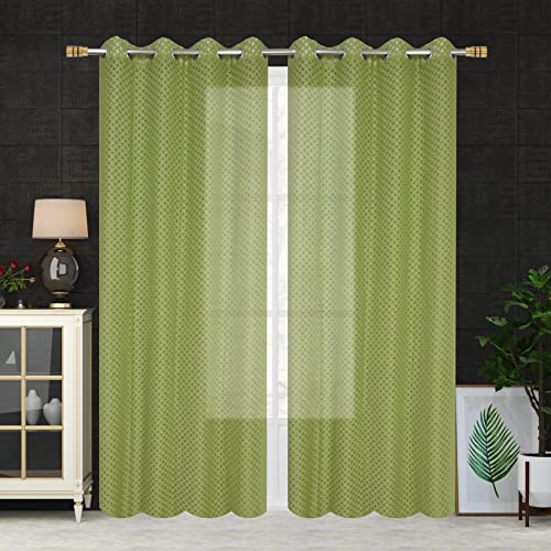 Image of Sheer Net Semi Transparent Home Decor Curtains for Living Room, Balcony Doors and Windows Panel, Parda, Eyelets Hanging, Green Criss-Cross, 4 x 8 Feet, Pack of 2