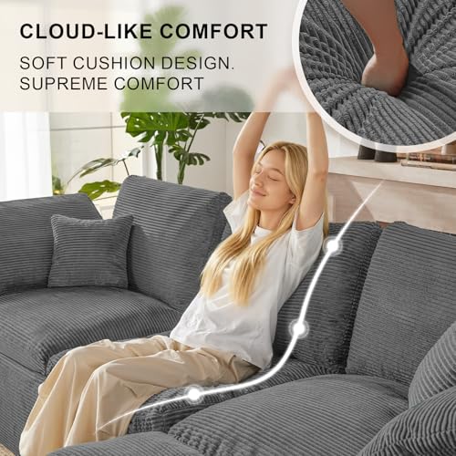 Image of 112 inch Cloud Sectional Couch, Boneless Couches for Living Room, L Shaped Couch with Convertible Ottoman, Modular Sectional Sofa with Deep Seat, Comfy Soft Cushions, No Assembly, Gray