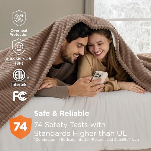 Image of Bedsure GentleSoft Electric Blanket Queen Size - Soft Ribbed Flannel Heated Blanket with Dual Control, Heating with 10 Heat Settings & 10 Time Settings, 8 hrs Timer Auto Shut Off (84x90 inches, Brown)