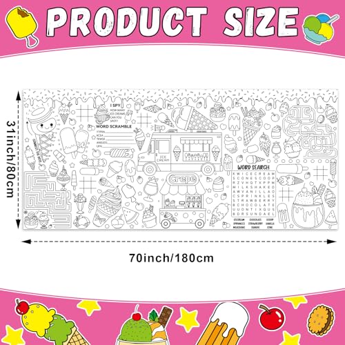 Image of Naozinebi Ice Cream Giant Coloring Poster for Kids Summer Large Coloring Tablecloth Big Paper Sheets Page Sweet Theme Table Cloth DIY Activity Game Art Crafts Mat Wall Home Party Decoration Supplies