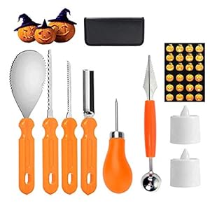 Herefun Halloween pompoen-snijset, 9 stuks, roestvrij staal, pompoen, snijgereedschap voor het uithullen van pompoenen, snijgereedschap met opbergtas, snijsjablonen en kaars