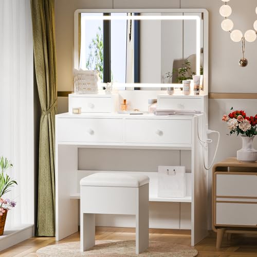 Haewon Vanity Desk with LED Mirror and 3 Light Modes, Makeup Vanity Table with Power Outlet...