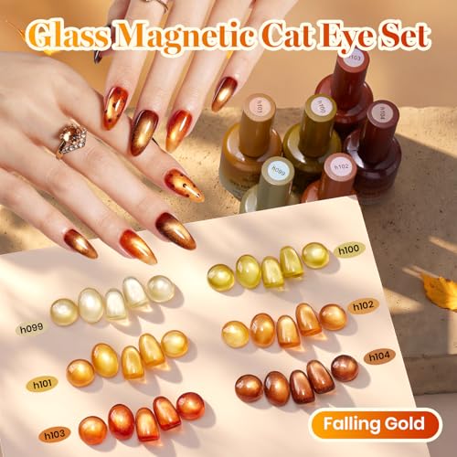 Image of Beetles Cat Eye Gel Nail Polish Set - Falling Gold 6 Colors 15ML Full Size Glitter Gel Polish Kit Gold Brown Orange Glass Cat Eye Magnetic Effect Soak Off UV Nail Art DIY Salon at Home Gift for Women