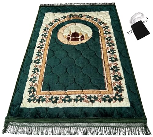 Alfombra musulmana de oración islámica – estilo turco ON alfombra de oración Sajadah para niños, hombres y mujeres con cuentas de oración del Islam para viajes Eid, Ramadán, suave y lujoso (negro)