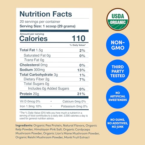Further Food Organic Vegan Protein Powder Vanilla - 20g of Plant Based Protein, Organic Protein Powder with Mushrooms & Seaweed, Vegan, Non GMO, Gluten Free, Dairy Free 19.05 Oz