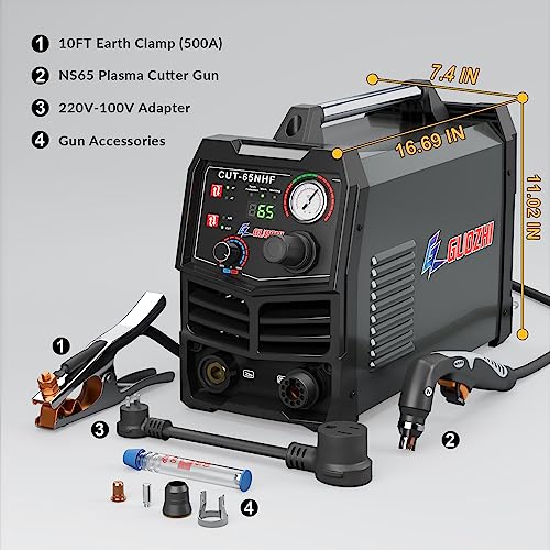 GZ GUOZHI CNC Plasma Cutter, 65 Amp Non-HF Non-Touch Pilot Arc, THC Torch Height Control Enabled 1\" Clean Cut, Dual Voltage 110V/220V Digital Plasma Cutter Machine with US Connector