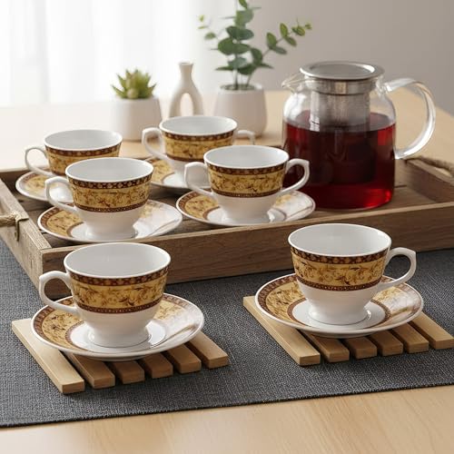 Image of U.P.C. Cup with Saucer Set of 12 Pcs | Tea /Coffee Cups | Ceramic | Microwave & Dishwasher Safe | Bone-Ash Free | Extra Strong | Super Light | Crockery Set Ideal for Daily (N-Cup white-34)