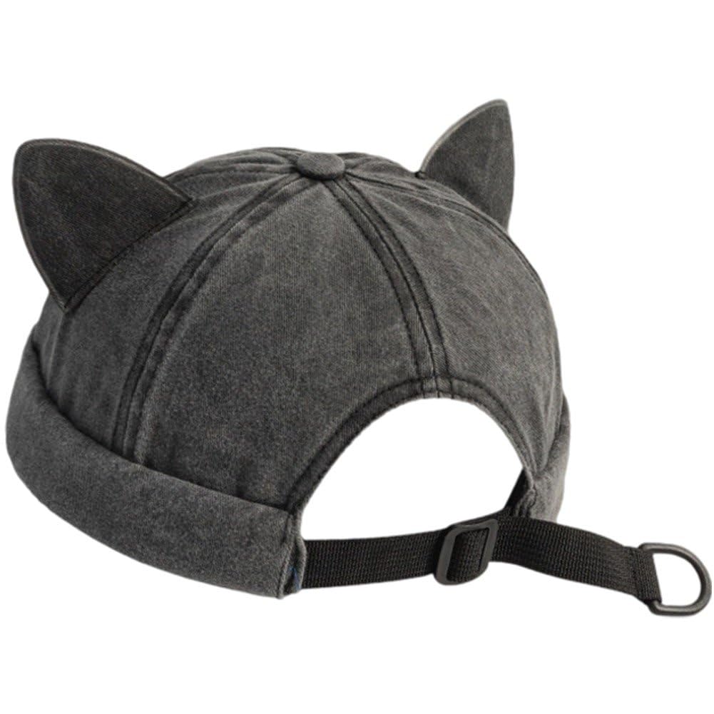 Sanfly Men's Black Docker Cap Hat, Retro Brimless Melon Skin Hat, Cute Cat Ear Landlord Hat, Adjustable Rolled Cuff Harbour Hat For Wo