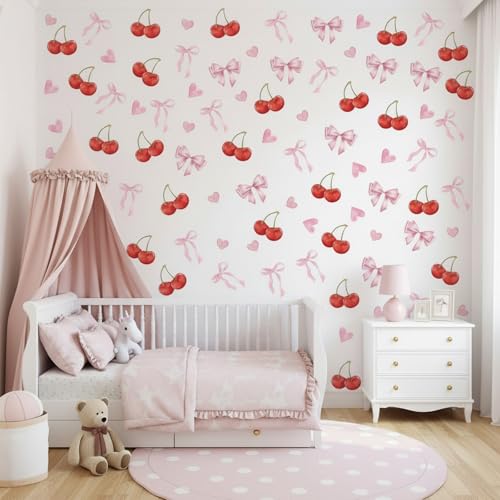 FDHBDF 36 Stück Wandtattoo Kinderzimmer Mädchen Schleifen Kirsche, Selbstklebende Rosa Wandsticker...