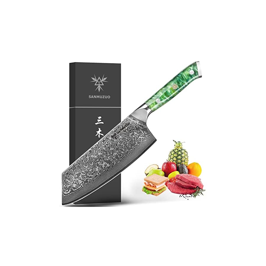 SANMUZUO Nakiri Knife - 7.5 inch Cleaver Knife- Xuan Series - VG10 Damascus Steel Kitchen Knife - Resin Handle (Jade Green)