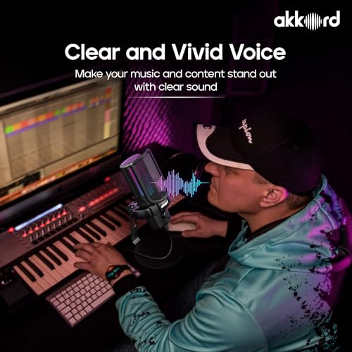 Image of Akkord USB Condenser Microphone, Cardioid Polar Pattern, 192kHz /24Bit, Real-Time Monitoring, 40dB Sensitivity, 50Hz-16kHz Frequency Response, Plug Podcasting, Gaming, Streaming, Voice Recording