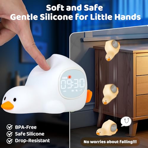 Image of Laying Duck Alarm Clock with Night Light for Kids with Sleep Training and Sound Machine, Rechargeable Silicone Lamp OK to Wake Clock,Cute Animal Tabletop Lamp, Perfect Sleep Companion for Boys Girls