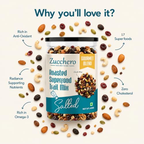Image of Zucchero Trail Mix Superfood (400g) - 17 in 1 Roasted & Salted Nut, Seed & Berry Ultimate Blend | Oil Free | Extra Crunch | Zero Cholesterol | Protein Dense | Fitness Mix | Club Mix