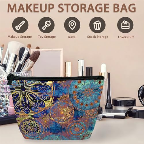 Makeup Bag Blue Gold Mandala Cosmetic Bags for Women Mini Portable Boho Flower Travel Toiletry Bag Organizer Make up Brushes Aesthetic Accessories Waterproof Storage Bags2
