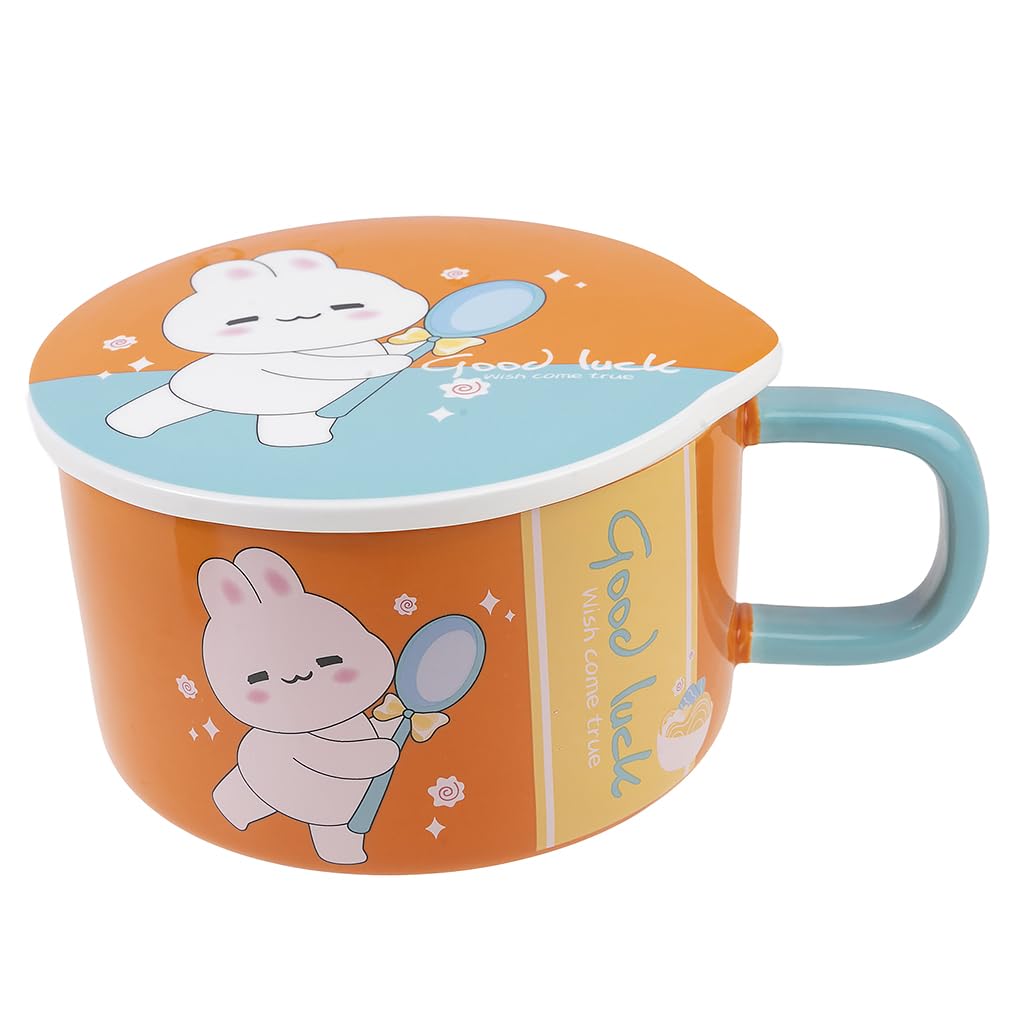 lachineuse - Ciotola per spaghetti istantanei - Ciotola per Ramen asiatica - Porcellana - Motivo coniglio - 1000 ml - Con coperchio e posate - Colazione, Zuppa, Riso - Idea regalo Asia Giappone Cina -