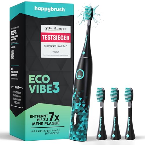 happybrush® Schallzahnbürste Eco Vibe 3 – TESTSIEGER – 100 Tage testen - Elektrische Zahnbürste mit 8 Wochen Akku – Ultraschall Zahnbürsten – 2 Jahre Garantie - Inkl. Aufsteckbürsten - Black/Mint