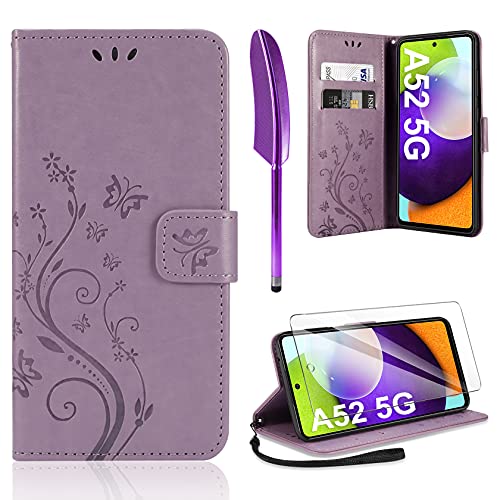 AROYI Funda Compatible con Samsung Galaxy A52 4G/5G Protector Pantalla, Relieve Dibujo Carcasa Tipo Libro Soporte Plegable Ranuras para Tarjetas Magnético Ultra Delgado Carcasa Case, Púrpura