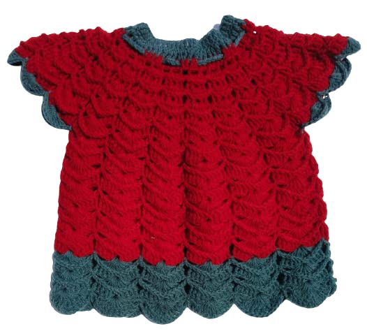 NILU CRAFT Baby Girl Hand Knitted Woollen Round Neck Sweater Cum Frock (Red & Grey) (1 to 2 Year, Red and Grey) - Image 3 thumbnail