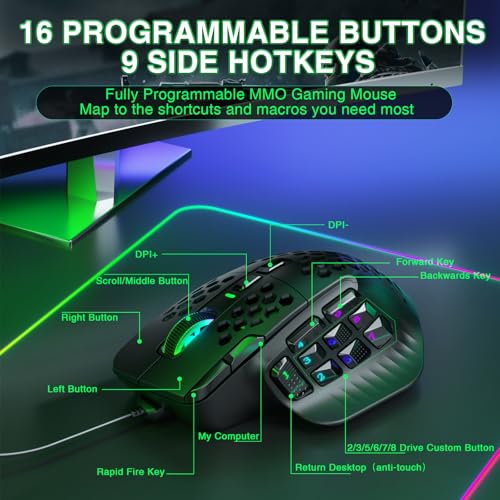 SOLAKAKA SM809 MMO Gaming Mouse Wired RGB with 9 Side Buttons, 22800 DPI High Precision Sensor Optical Ergonomic Gamer Mouse,16 Programmable Custom Macro Shortcuts Remapping PC Gaming Mice - Image 5