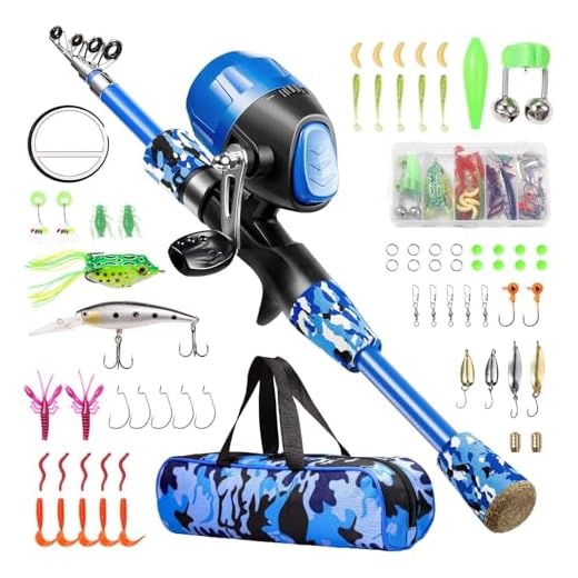 Gamashino Kids Fishing Pole - Telescopic Fishing Rod and Reel Combo Kit - Fishing Gear, Fishing Lures, Carry On Bag, 70 Set Fully Fishing Equipment - for Boys, Girls, Youth (Blue, 4.92)