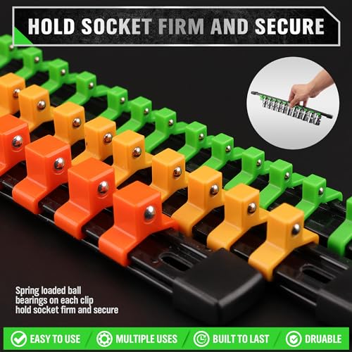 Image of SWANLAKE Organizer Socket Holder, 9PCS 1 /4-Inch x 48 Clips, 3 /8-Inch x 45 Clips, 1 /2-Inch x 36 Clips, Premium Quality Socket Clip Rail Holder