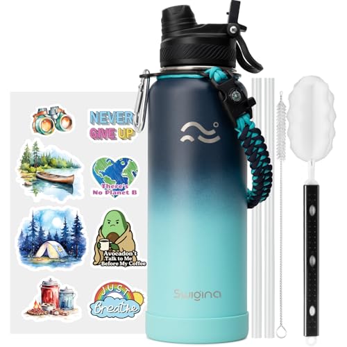 Image of Swigina [2-IN-1 LID] Insulated Water Bottle with Silicone Boot (36hrs Cold /18hrs Hot) - DIY Stickers, Leakproof, BPA Free, 40 oz