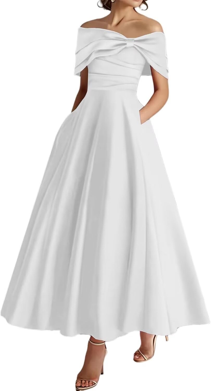 YIANN White Mother of The Bride Dresses for Women with Pockets Pleated Off Shoulder Satin Formal Evening Dress UK12