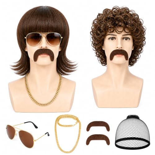 JATEBI 80s Retro Wig for Men, 2 Set Brown Afro Curly Mullet Wig