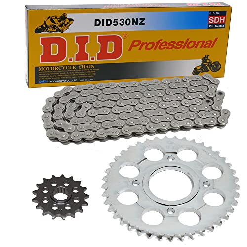 Set per catena della confezione: DID catena 530 NZ aperto con graffetta lucchetto e 98 rotoli, adatto per moto da strada fino a 400 CCM, resistenza alla trazione 3901 kg, per catena moto hochpraezis realizzato in acciaio C45 High Carbon, catena pignone in acciaio legato al cromo scm415 realizzato CNC, traduzione 17/34