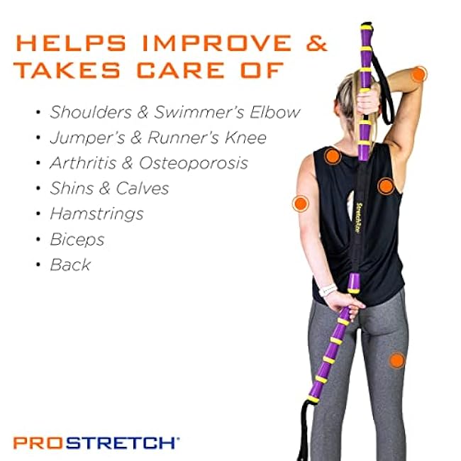 StretchRite Physical Therapy Full Body Stretching Strap with Patented Easy Grip Handles for Sore and Tight Muscles, Includes Coaching Guide (Purple/Yellow)