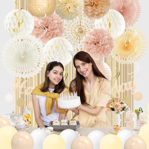 Image of Champagne-Gold Birthday Decorations for Women Girls,Pre-Strung Happy Birthday Banner,Boho Peach Pink Paper Lanterns Tissue Pom Poms Fan,Cream White Balloons,Girl Woman Party Backdrop Supplies
