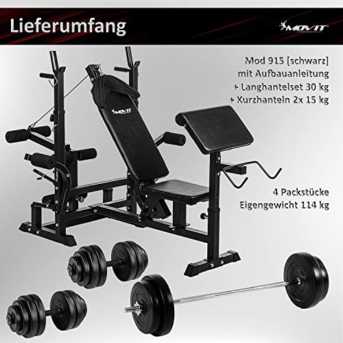 Movit Kraftstation PRO, wahlweiße inkl 60 kg oder 115 kg Hantelsets, Dip-Station, Butterfly, Curlrack, Beincurler… – Bild 4