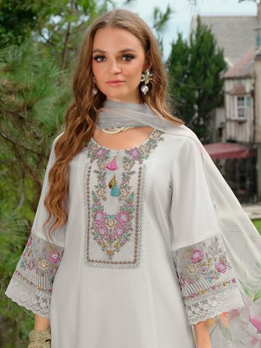 Image of INDO ERA Women's A-Line Silk Blend Floral Embroidered Kurta & Pant with Dupatta Set (IEOUT10970)