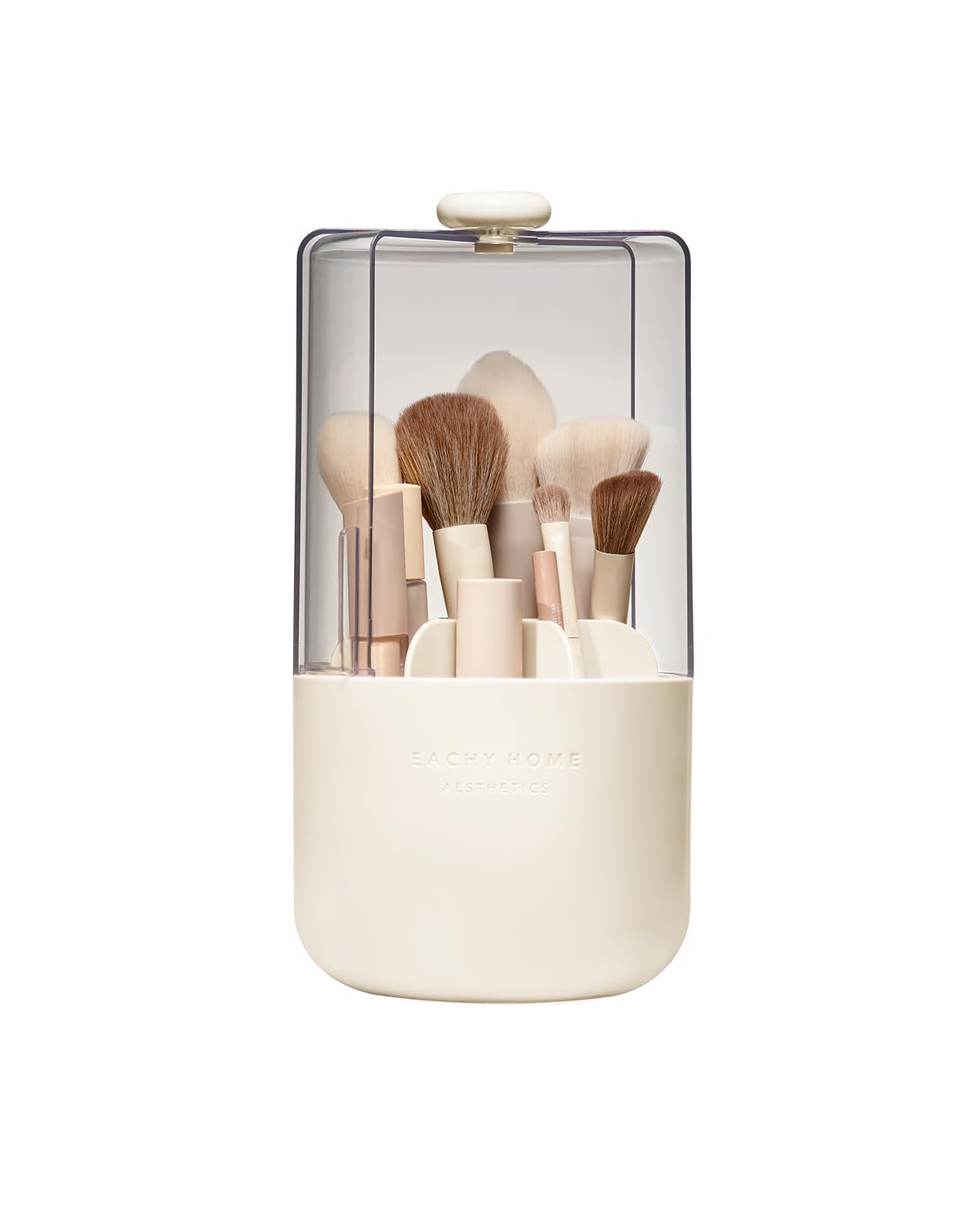 EACHY Makeup Brush Holder with Lid, Rotating Makeup Brush Organizer, Beige