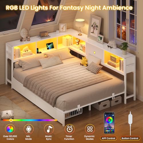 Image of Hasuit Queen Corner Bed Frame with Storage Drawers and Bookcase Headboard, Queen Size Metal Platform Corner Bed Frame with Charging Station and LED Lights, Queen Daybed for Adults Teens Guests, White