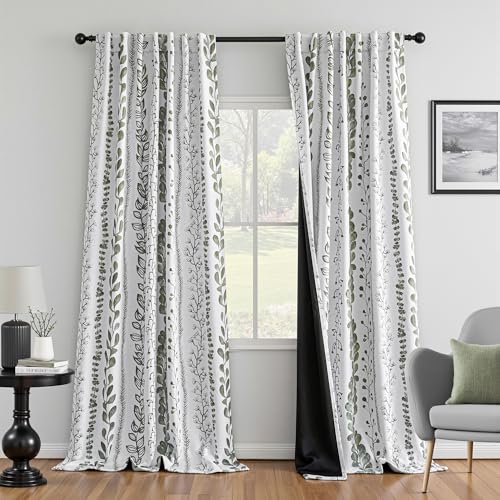 Image of MEETSKY Sage Green Blackout Curtains 95 Inches Long 2 Panels Boho Curtains for Living Room Thermal Insulated Privacy Protection Rod Pocket Drapes for Bedroom, Leaf Print Window Treatment, 50" Wide