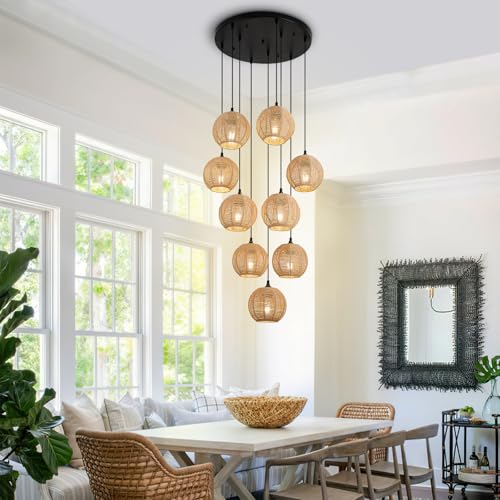 Image of Round 9 Light Boho Pendant Light Rattan Hanging Lamp | Hand Woven Wicker Small Chandelier Hanging Lights Fixture for Bedroom Kitchen Hallway Foyer