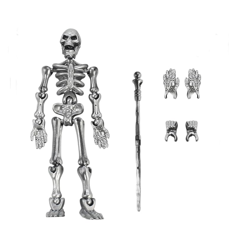 Posable Skeleton Action Figure with Movable Joints, Full Body Assembly Model, Halloween Collectible Table Ornament for Kids，Sliver