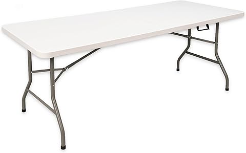Mesa Plegable 180 x 70 cm Interior y Exterior, Carga 150 kg Asa de Transporte Plegado por la Mitad Patas de Acero Altura 74 cm para Camping, Eventos, Comedor, Resina HDPE Color Blanco