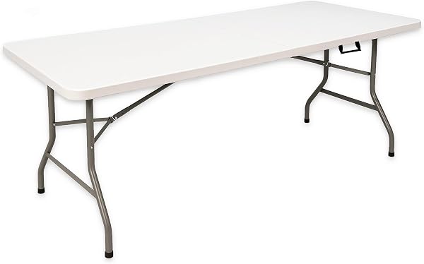 MARCPRINT - Mesa Plegable 180 x 70 cm Interior y Exterior, Carga 150 kg Asa de Transporte Plegado por la Mitad Patas de Acero Altura 74 cm para Camping, Eventos, Comedor, Resina HDPE Color Blanco - 1