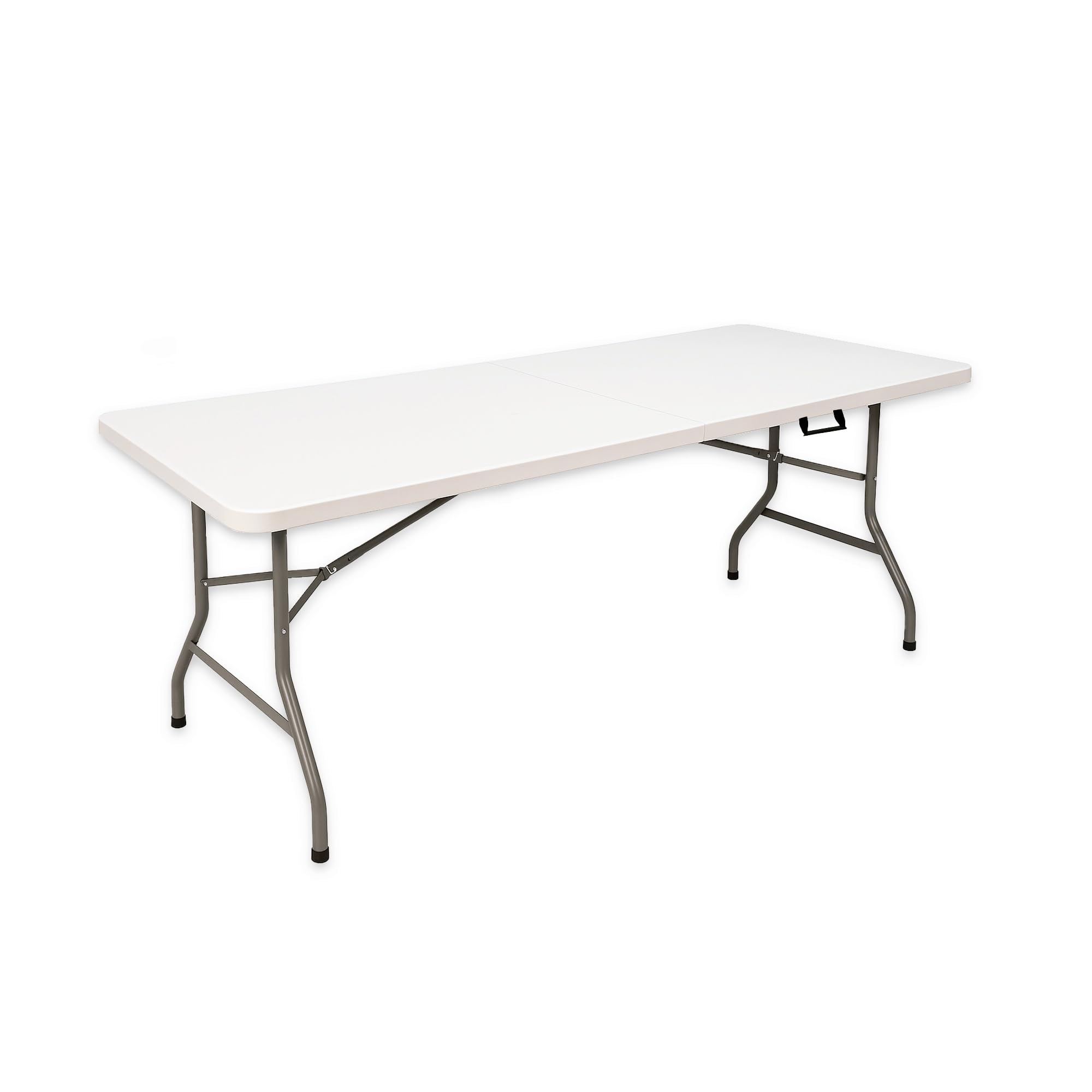 MARCPRINT - Mesa Plegable 180 x 70 cm Interior y Exterior, Carga 150 kg Asa de Transporte Plegado por la Mitad Patas de Acero Altura 74 cm para Camping, Eventos, Comedor, Resina HDPE Color Blanco