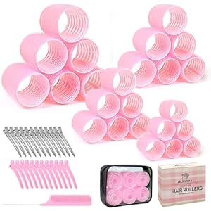 4 Sizes Self-Grip Hair Rollers Set with Clips – 4 Sizes for Long, Short Hair & Bangs (25mm, 36mm, 48mm, 60mm), (Pink, 4 Sizes)