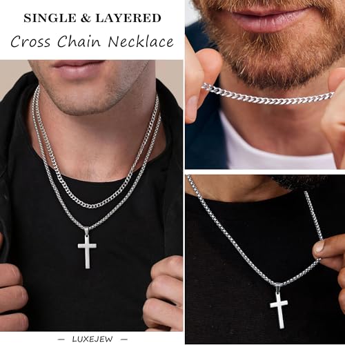 LUXEJEW Cross Necklace for Men Boys - Gold Silver Black Stainless Steel Cross Pendant Necklaces Layered Cuban Link Chain Necklace Simple Jewelry Gifts 16 18 20 22 24 Inch2