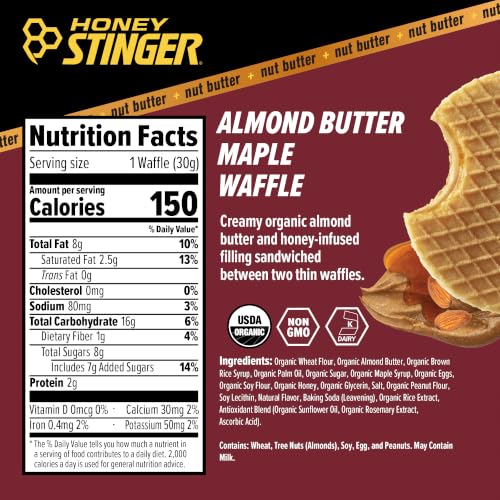 Image of Honey Stinger Organic Almond Butter Maple Waffle, Energy Stroopwafel for Exercise, Endurance and Performance, Sports Nutrition for Home & Gym, Pre and Post Workout, 16.96 Ounce (Pack of 16)