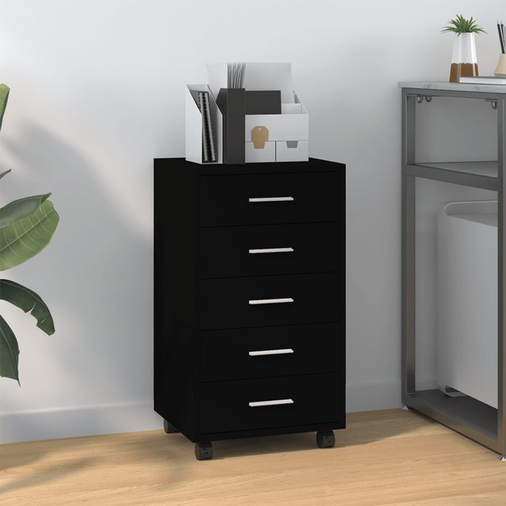 Cassettiera con ruote, in legno nero, 5 cassetti, per ufficio e casa, 33 x 38 x 63 cm