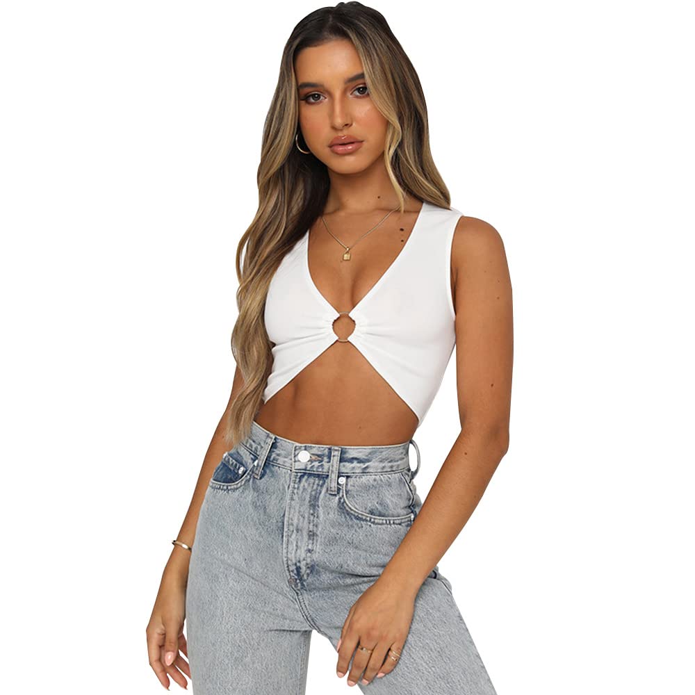 QKEPCY Mujer Camiseta Sexy Crop Top Elástico Manga Corta Verano Casual sin Mangas T-Shirt Y2K Tops Cut out Streetwear Informal