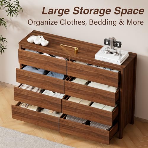 Image of Furniway Walnut Mid-Century Modern Dresser and Nightstand Sets 3 Piece | 8 Drawer Dresser features sturdy wood legs, creating a minimalist storage solution for bedrooms and modern living spaces