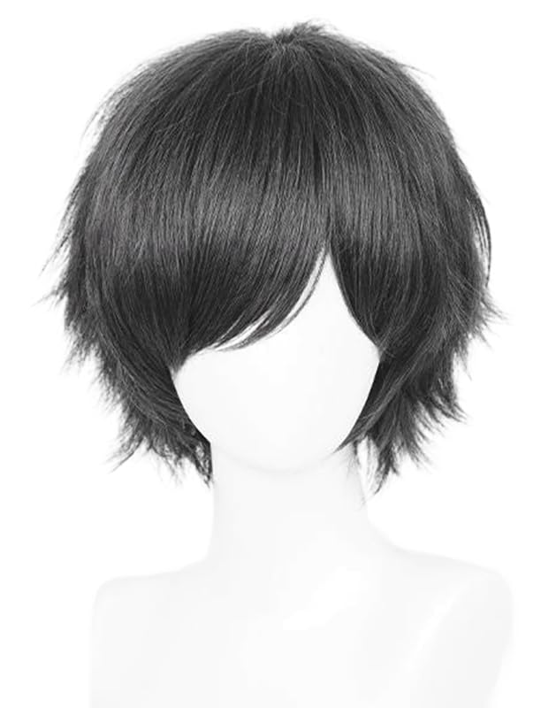 LABEAUTÉ Short Light Black Anime Cosplay Wig Male Men Anime Layered Unisex Heat Resistant Hair Wig with Bangs for Party and Halloween for Gift + Free Cap