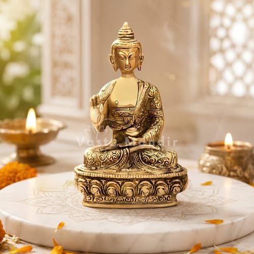 Image of Brass Blessing Buddha Idol, Vastu Remedy for Meditation (19 cm, 1.07 kg)