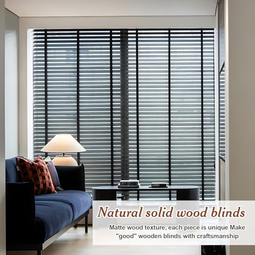 2" Slats Black Wood Blinds for Indoor Windows, Custom Wood Window Blinds, Wooden Venetian Horizontal Blinds & Shades for Indoor Windows, Office, Living Room, Bedroom
